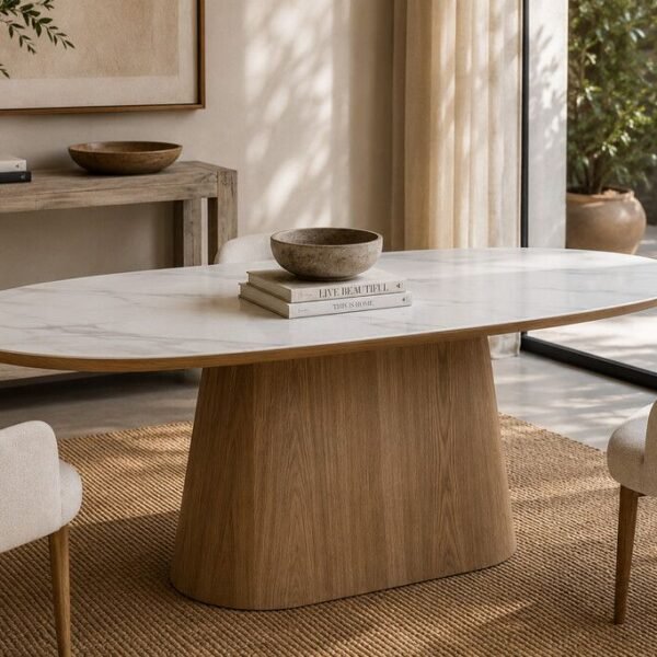 Mesa oval tapa piedra base madera maciza 2.00x090 mtrs