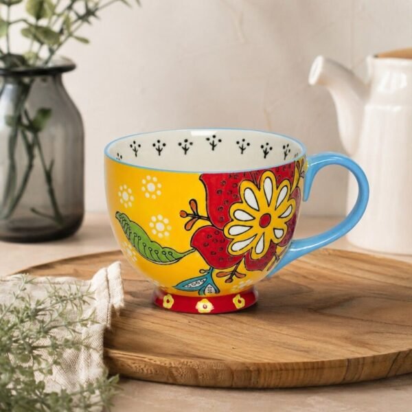 Mug taza porcelana pintada Lola celeste/rojo/amarillo