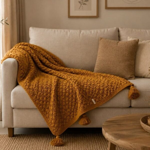 Throw tejido manta algodon ocre con borlas 1.30 x 1.80mts