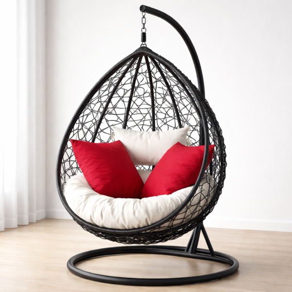 sillón colgante tipo huevo de ratán con almohadones acolchonados y base metálica