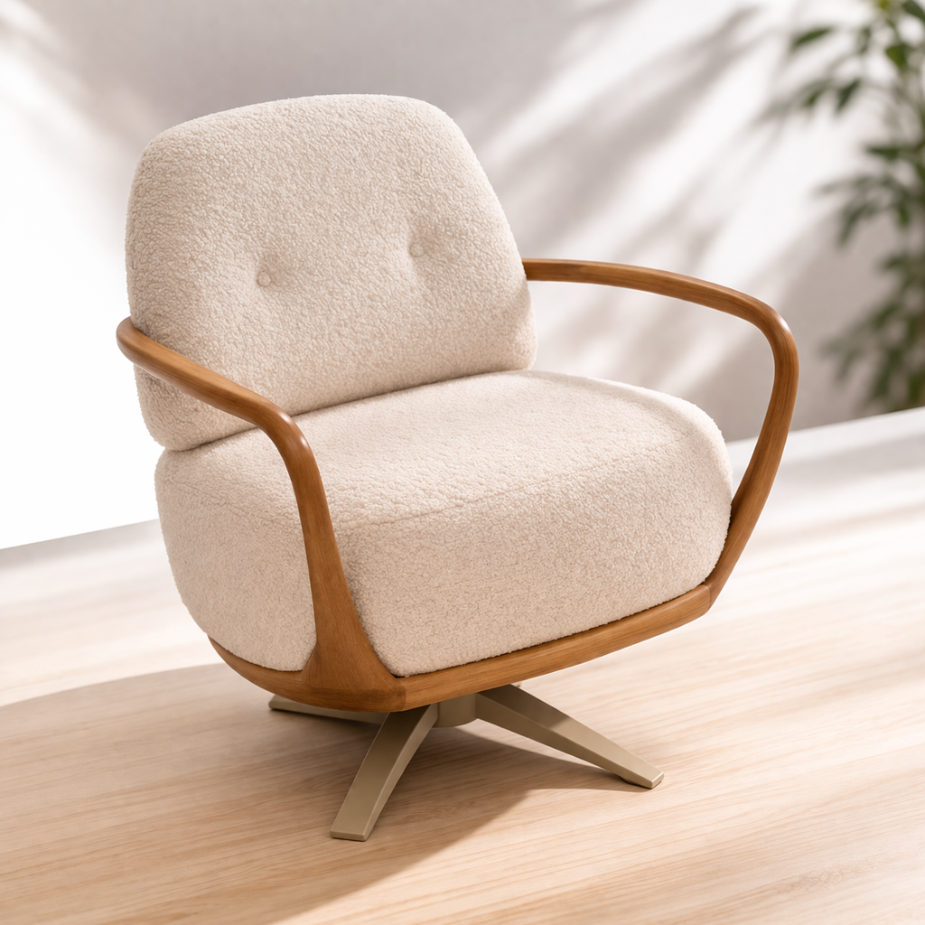 sillón nórdico Las Acacias con estructura de madera y tapizado bouclé color crema